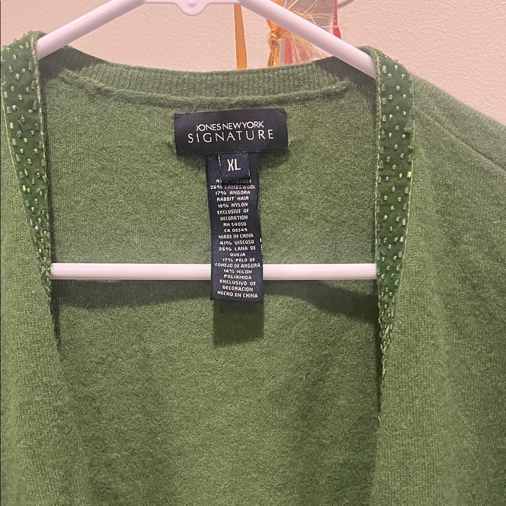 Jones New York Olive Green Sweater with Embellished Collar